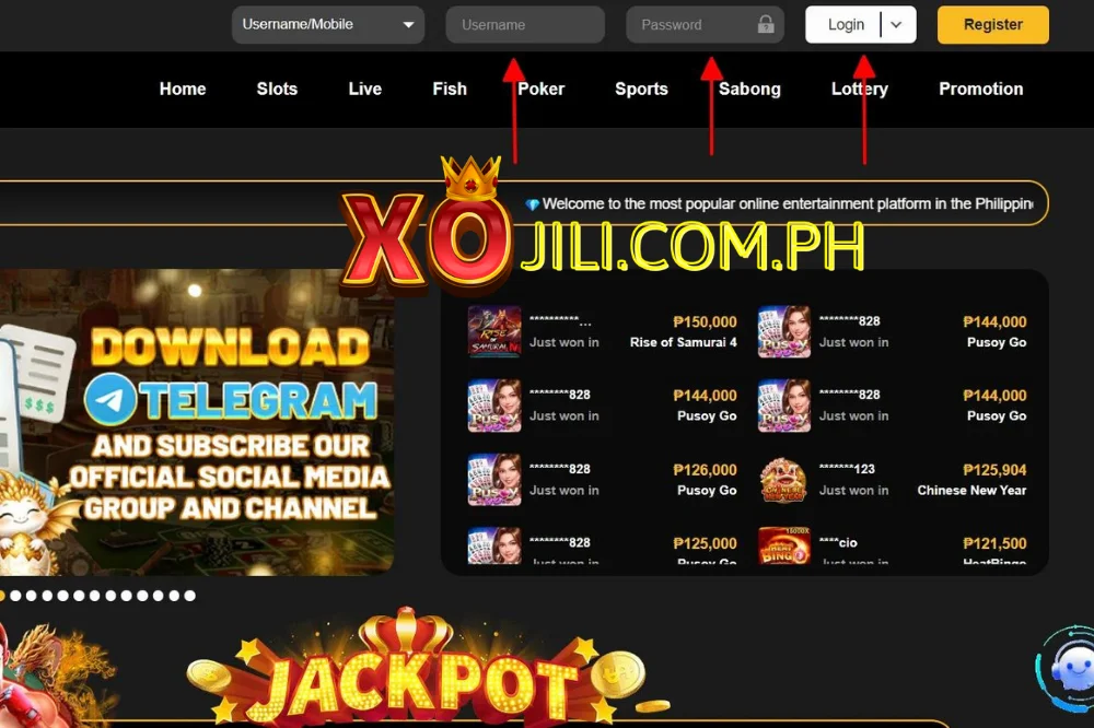 Log in to xojili using SMS method or regular account