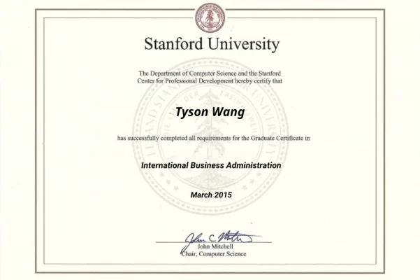 Diploma in 2015 at Stand Fod University by CEO Tyson Wang